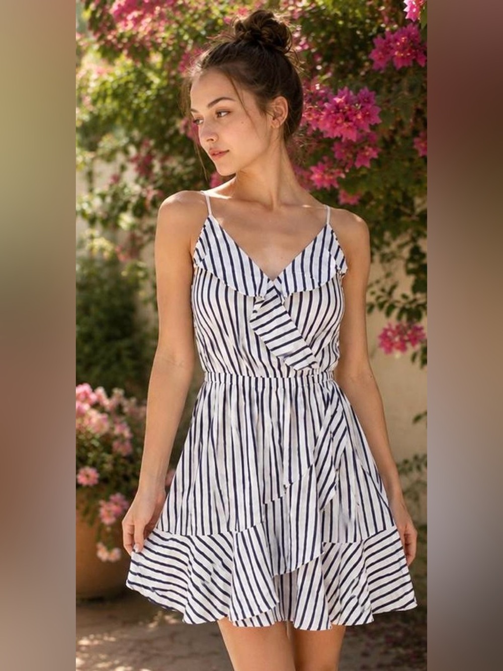Express Blue & White Striped Sleeveless Faux Wrap Ruffle Dress | Medium